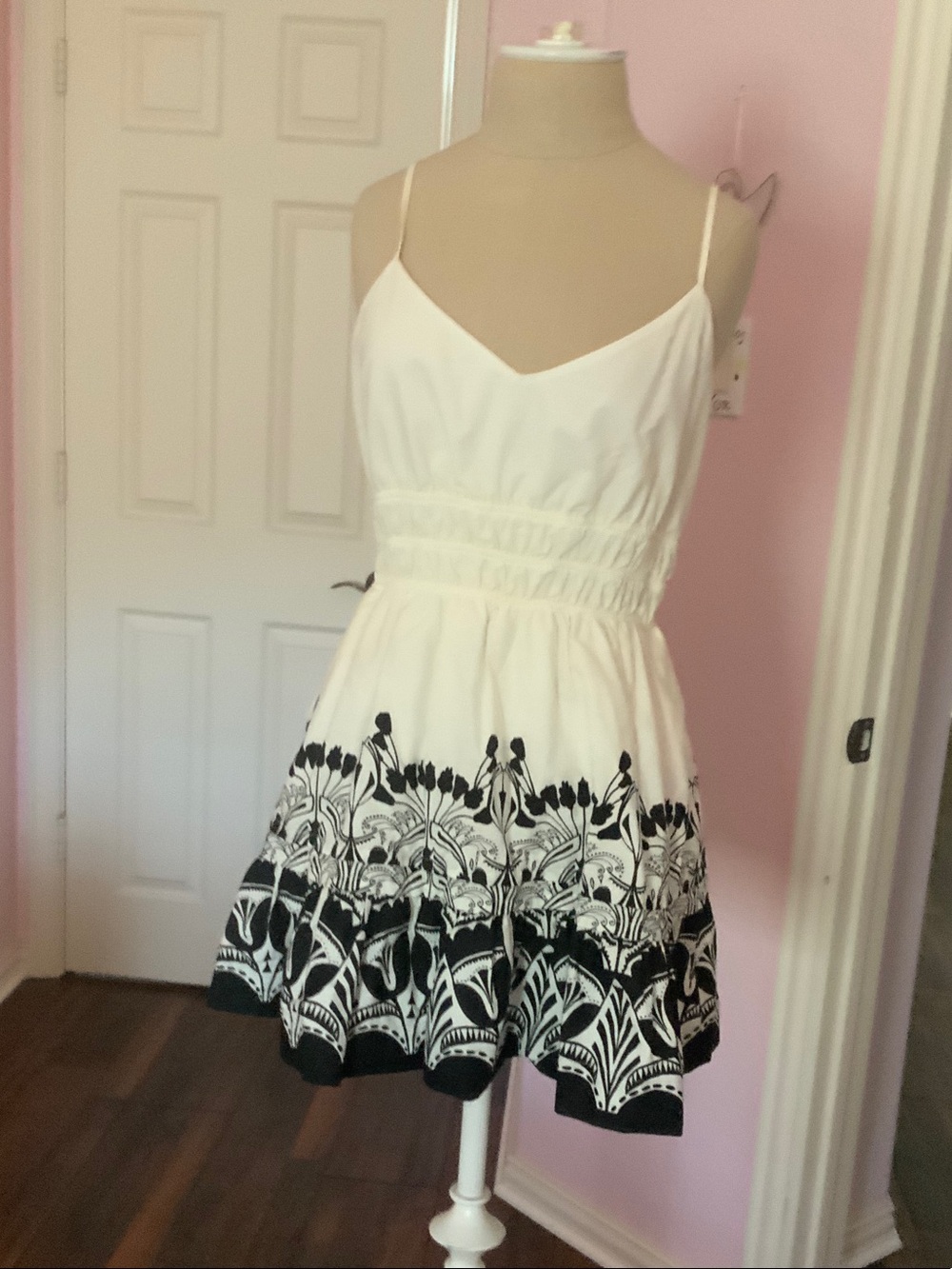 Anthropologie White Sundress with Black Floral Border